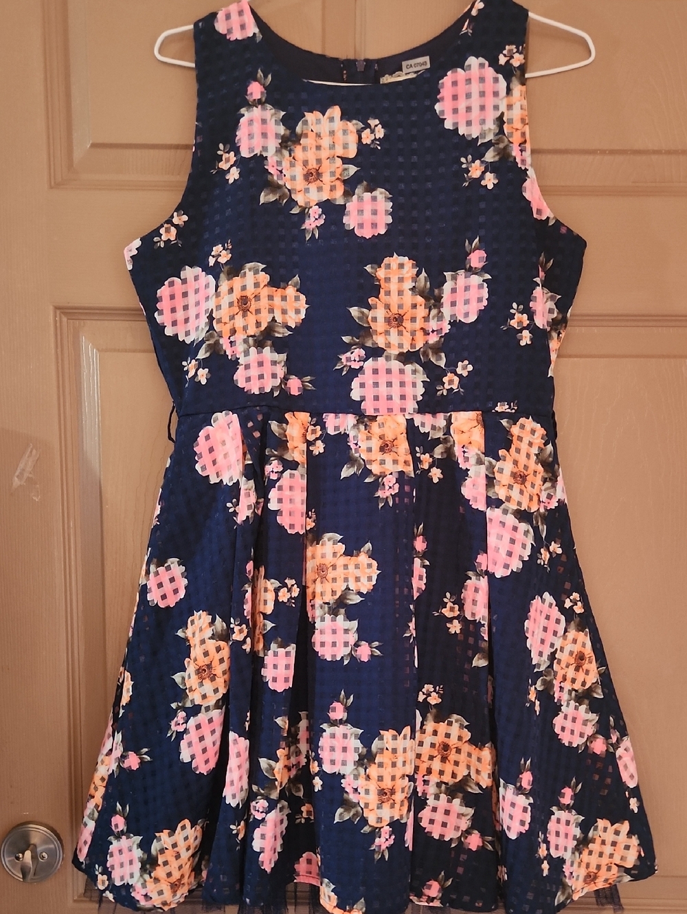btween Navy Floral Fit & Flare Dress with Pink and Peach Blooms Sz 14